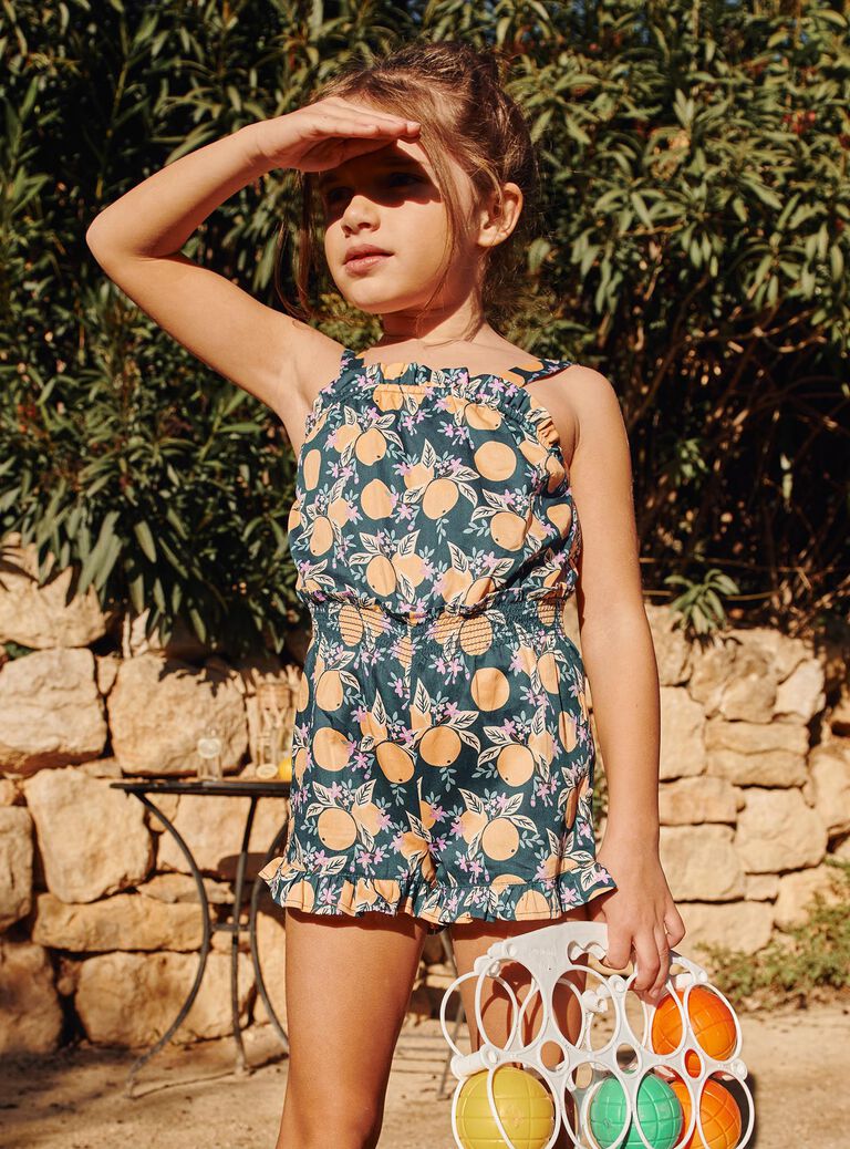 Combishort bleu-vert en satin de coton à motif oranges