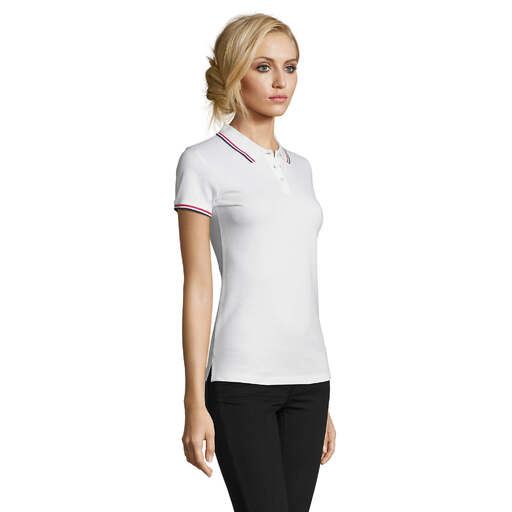 Camisa polo feminina Prestige com listras contrastantes