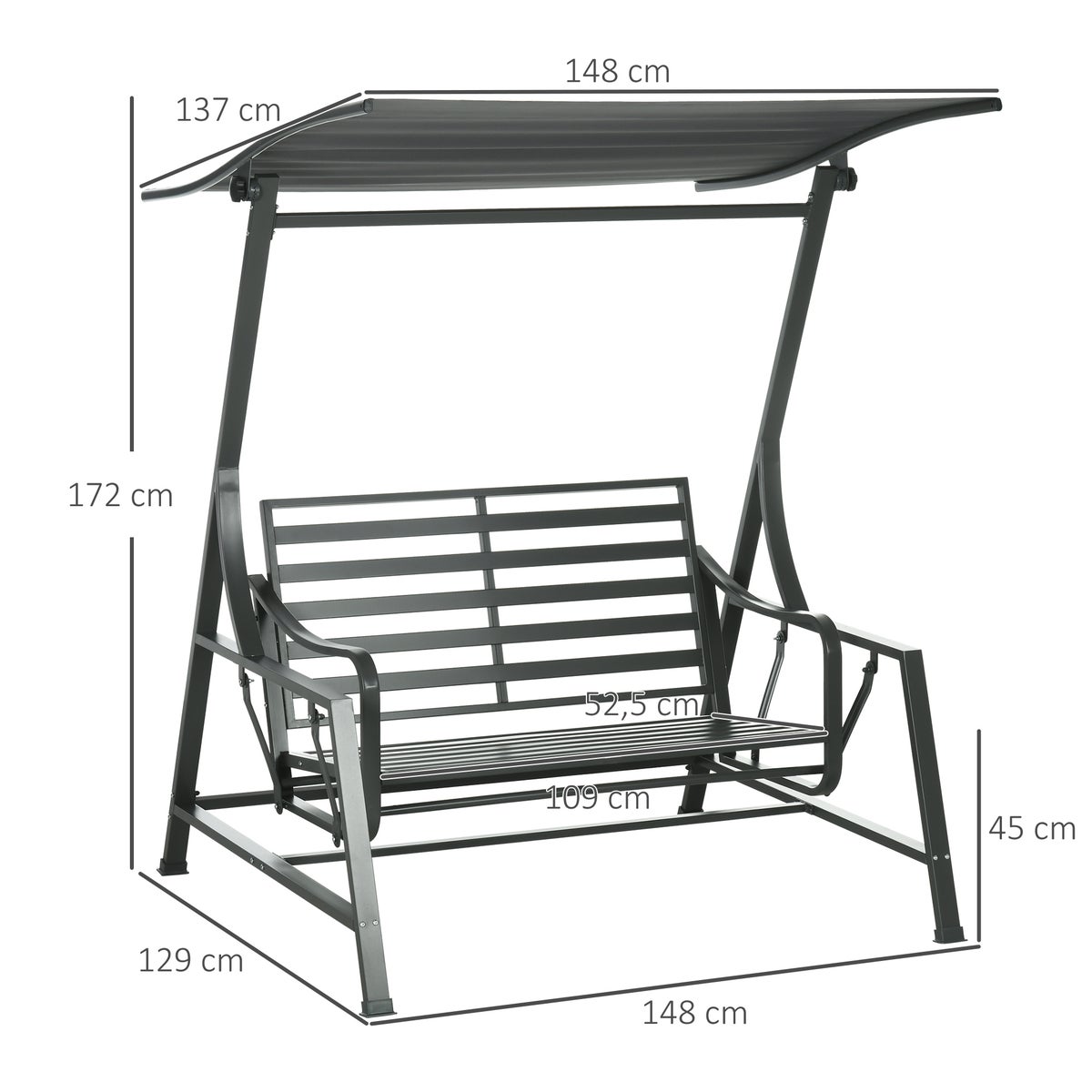 Outsunny Hollywood Swing, 2-zits tuinschommel met verstelbare parasol, zitkussen, voor balkon, donkergrijs, 148 x 129 x 172 cm, staal, donkergrijs