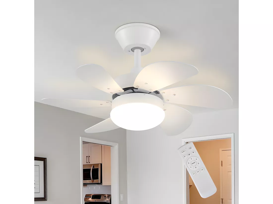 NETTLIFE Ventilateur de plafond blanc avec éclairage, télécommande, silencieux, avec minuterie, 6 pales, pour chambre à coucher