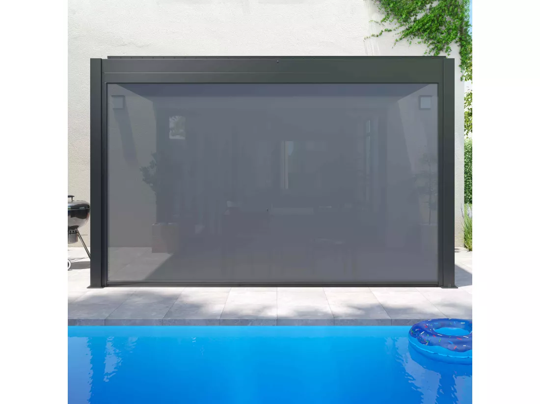 Pergola bioclimatique adossée gris 3x4m et 3 stores
