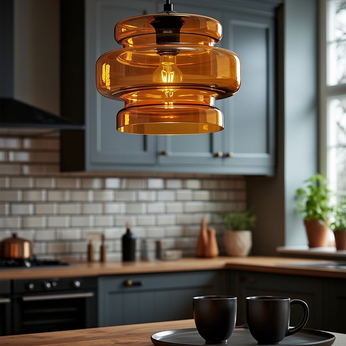 Retro hanglamp zwart met oranje glas - Denise