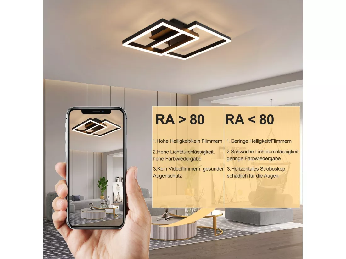 NETTLIFE Plafonnier LED Lampe de Salon Noir Lampe de Chambre 50 W Moderne Dimmable avec Télécommande Géométrique pour Cuisine Couloir Salle à Manger