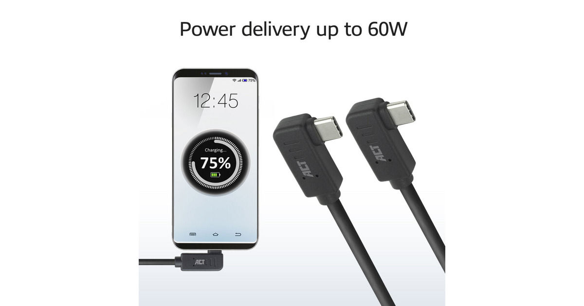 ACT ConnectivityUSB 3.2 USB-C (links/rechts haaks) naar USB-C (links/rechts haaks) kabel  (Zwart, 10 Gbit/s, 60W, 1 meter)