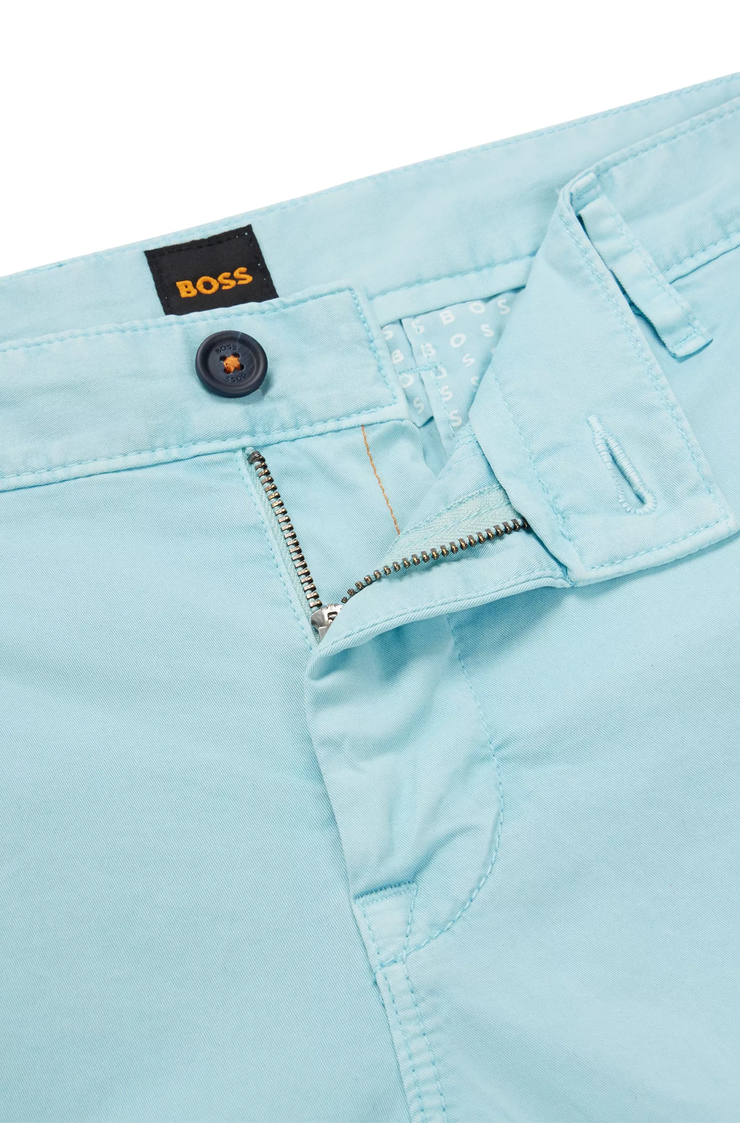 Shorts BOSS laranja, corte slim e cintura regular, em algodão elástico.