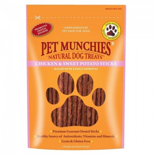 Petiscos dentais 100% naturais de frango e batata-doce para cães.
