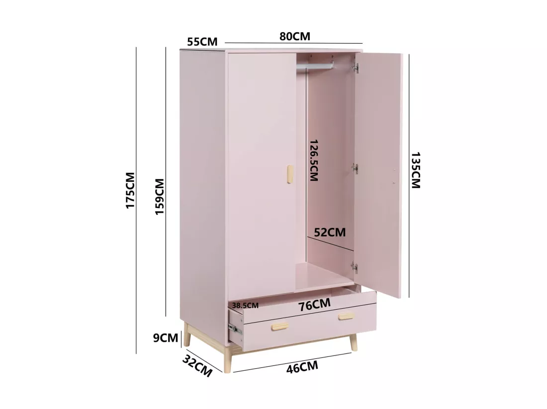 Armoire Mobili Rebecca Amchor 175x80x55 MDF Pin Rose Marron Scandinave À Monter