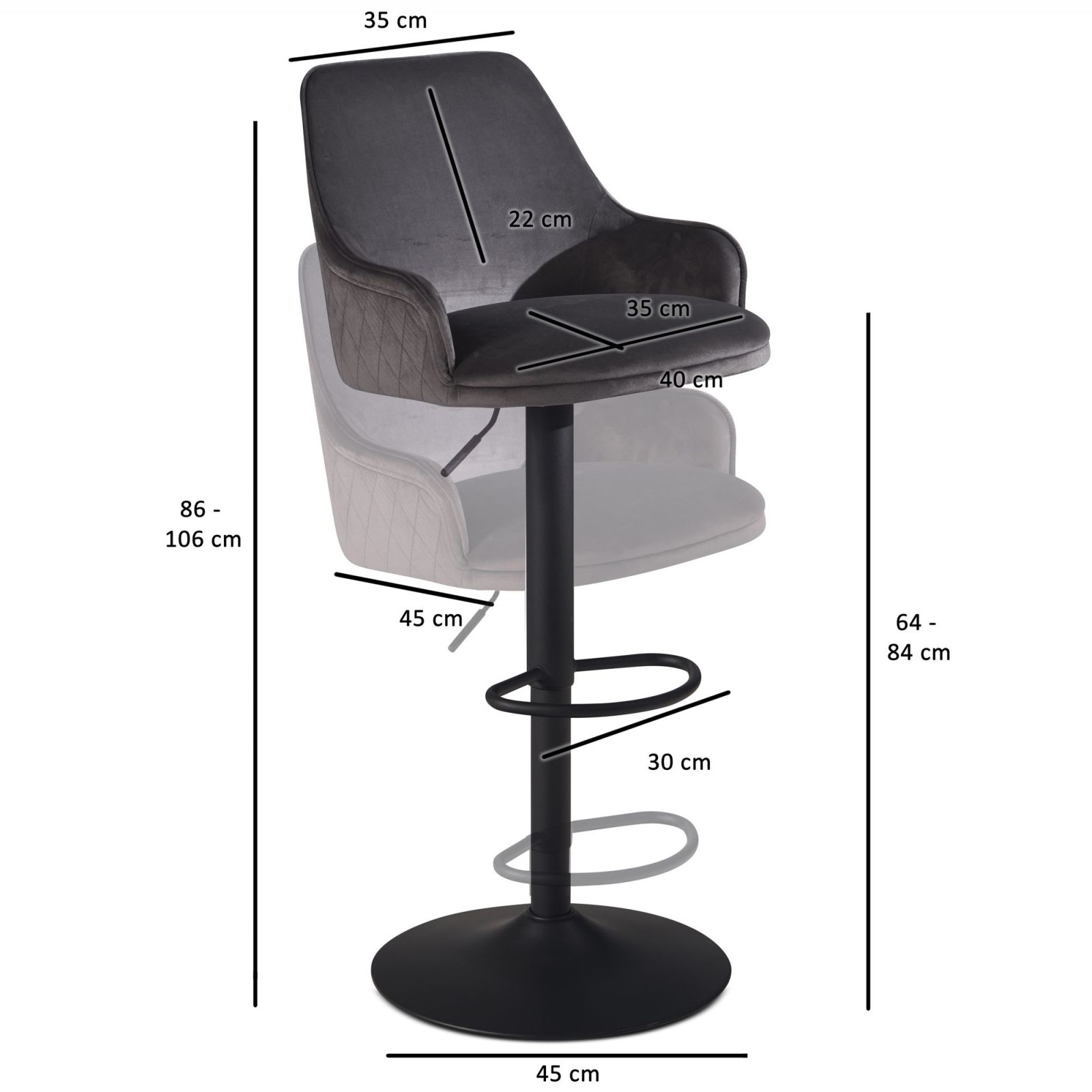 Barhocker - grau - Samt - drehbar - höhenverstellbar