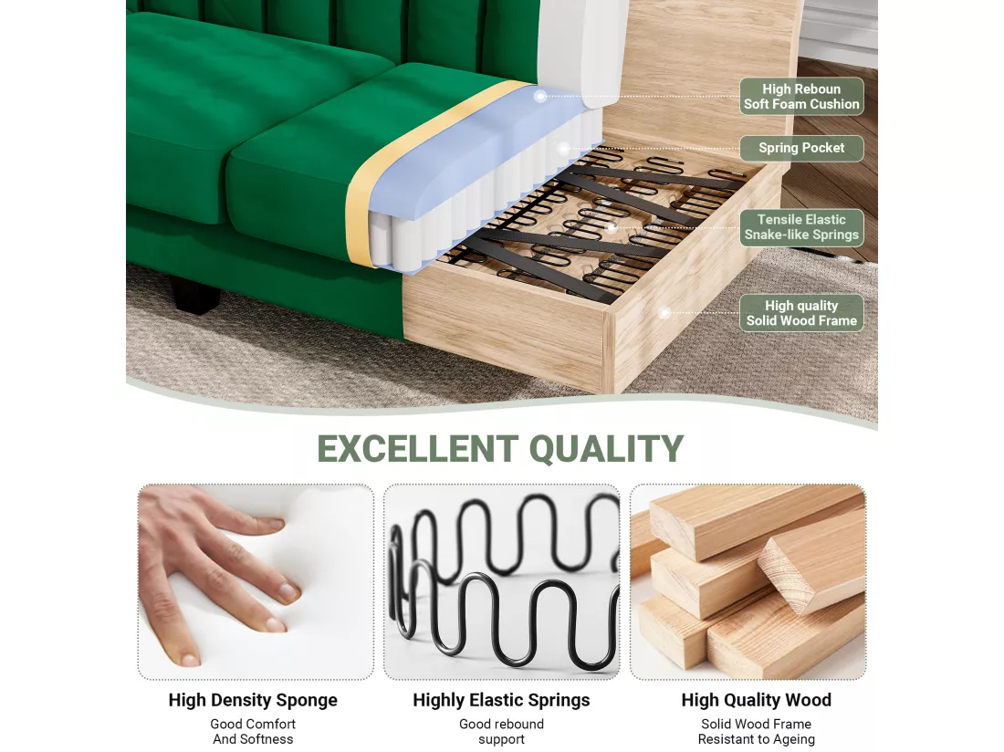 Canapé d'angle 210 CM, fauteuil d'angle réversible, convertible réversible, 3-4 places, Tissu velours à rayures verticales, Vert