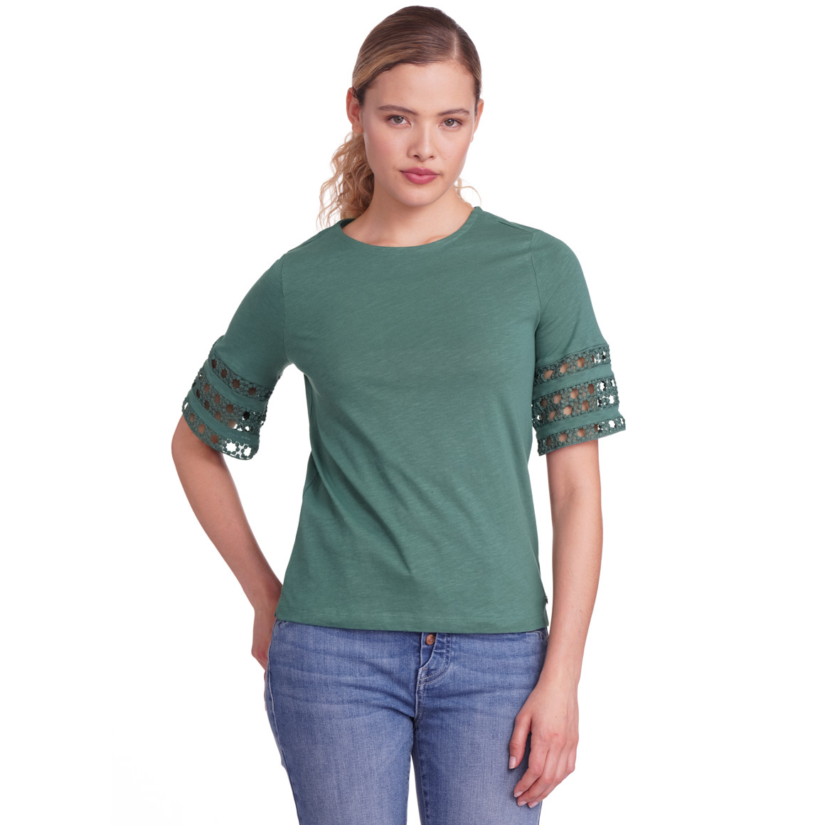 Gina Damen T-Shirt mit Häkelspitze dunkelgrün