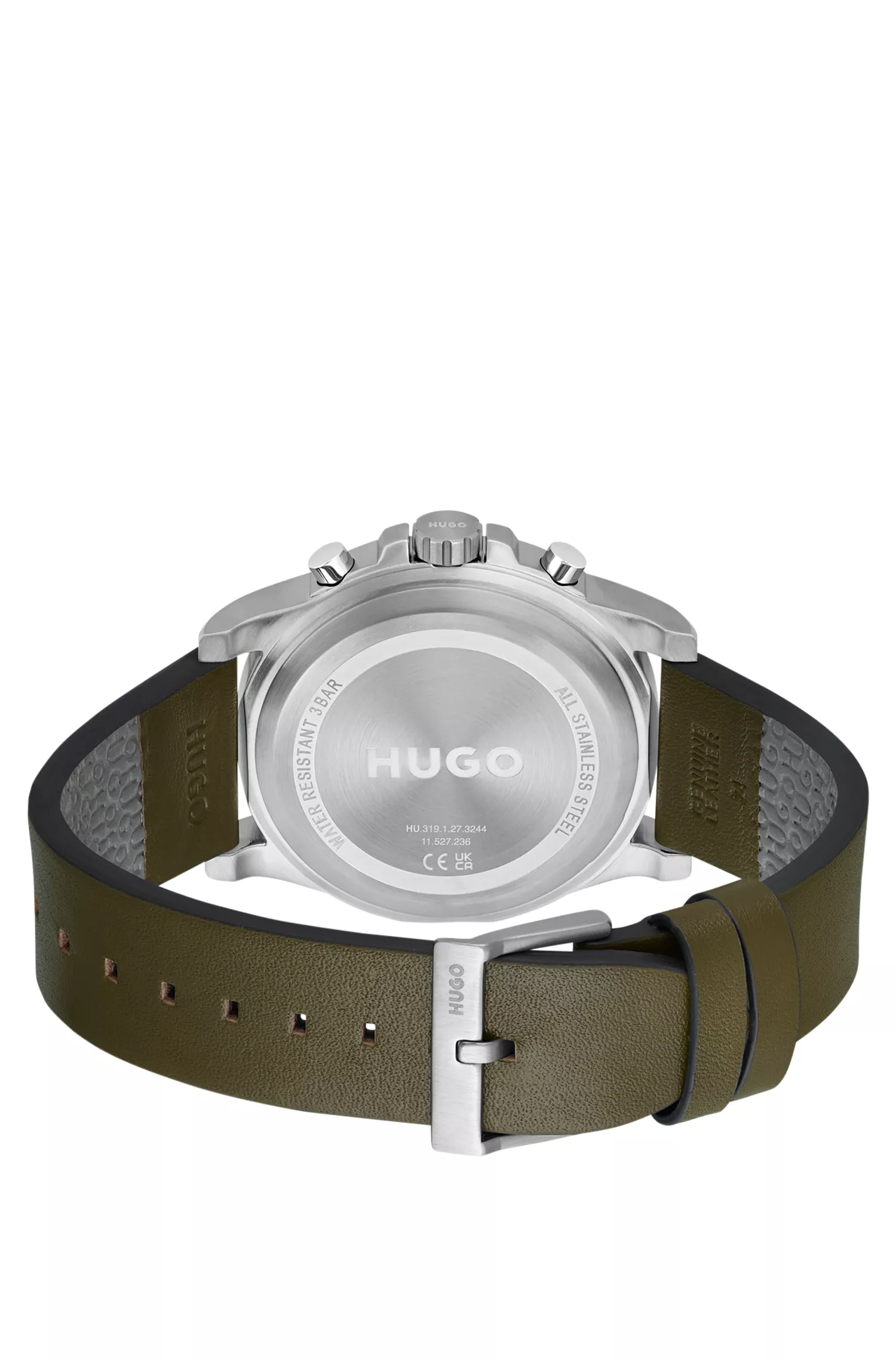 Relógio HUGO Red-Multi-eye com pulseira de couro verde-oliva