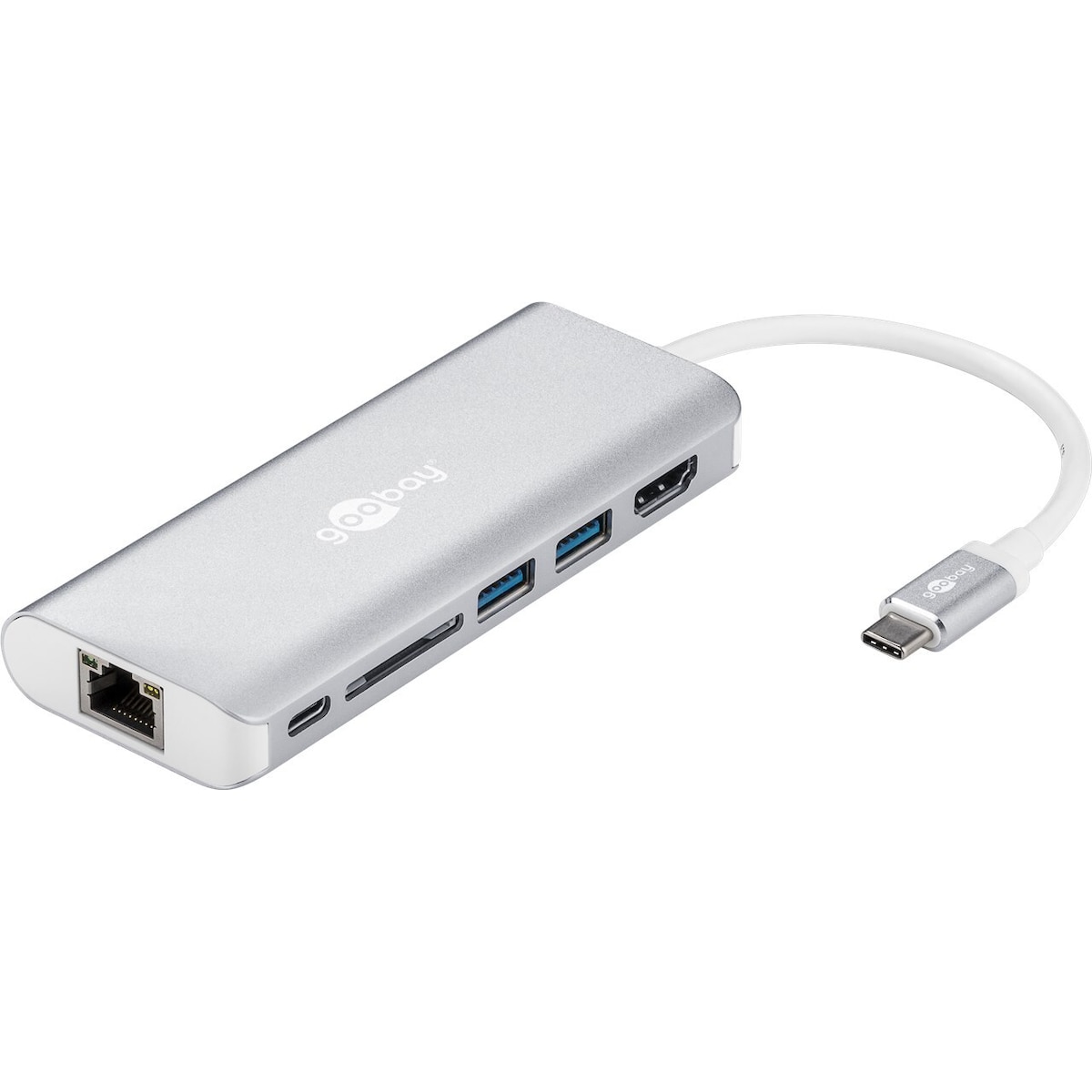 USB-C™ multiportadapter HDMI 4k 30 Hz, USB, CR, RJ45, PD, aluminium, sølv