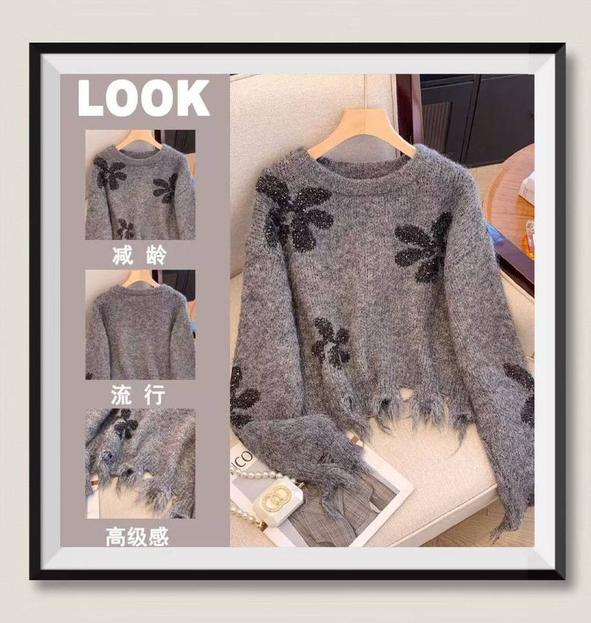 Dute - Ronde hals bloemen trui met distressed effect