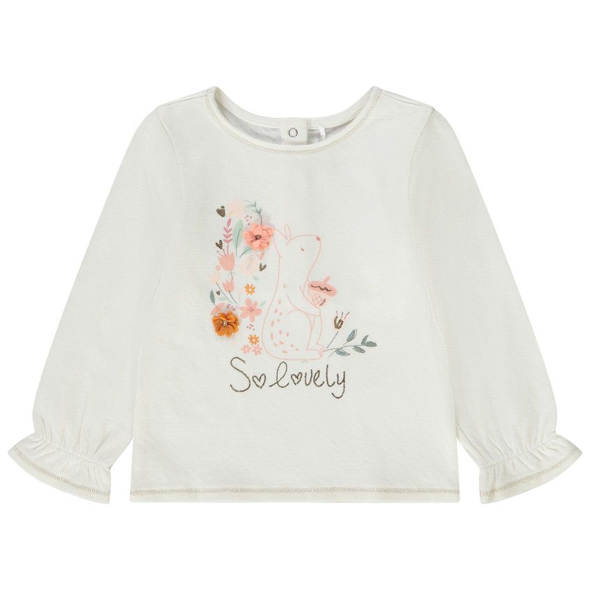 T-shirt manches longues en double jersey print fantaisie pour bébé fille - Ecru