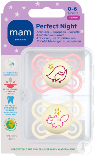 Mam Sucette Perfect Night Silicone Pure 0-6 Mois Rose 2 Pièces