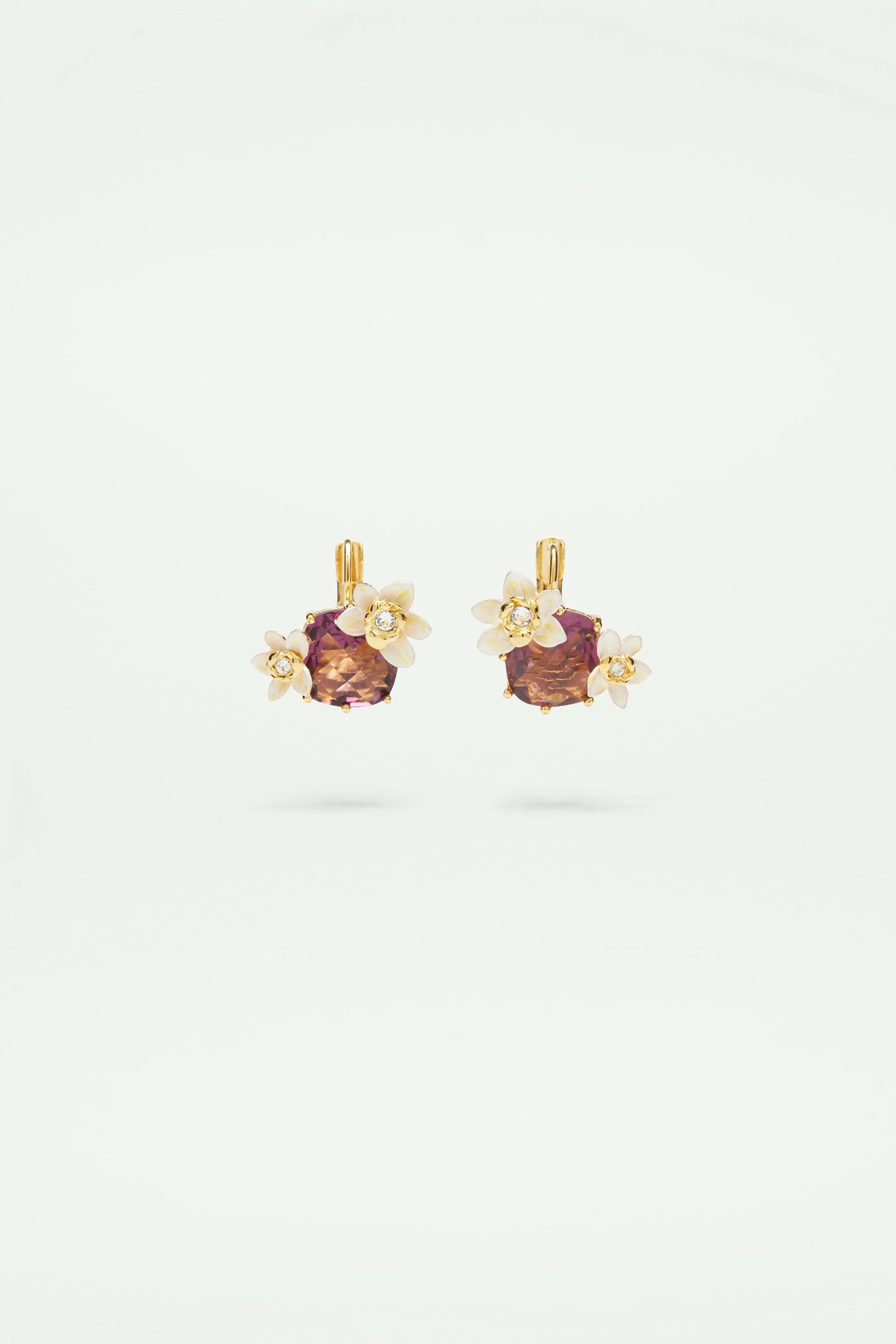 Boucles d'oreilles dormeuses fleurs de vanille et verre facetté | Violet
