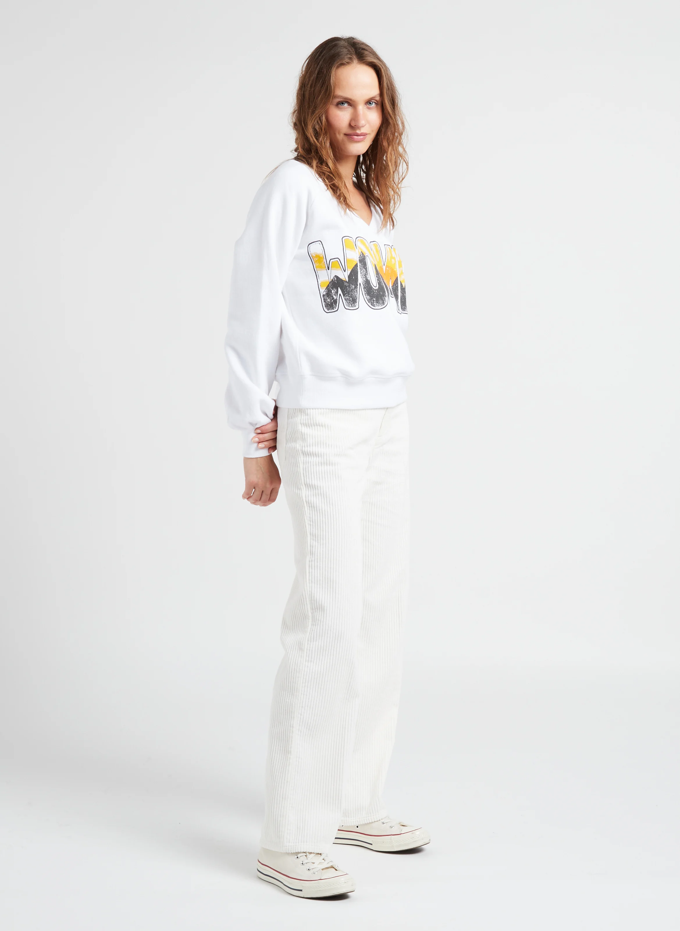 SHIVA - Sweat ample col V sérigraphié en coton mélangé | Blanc