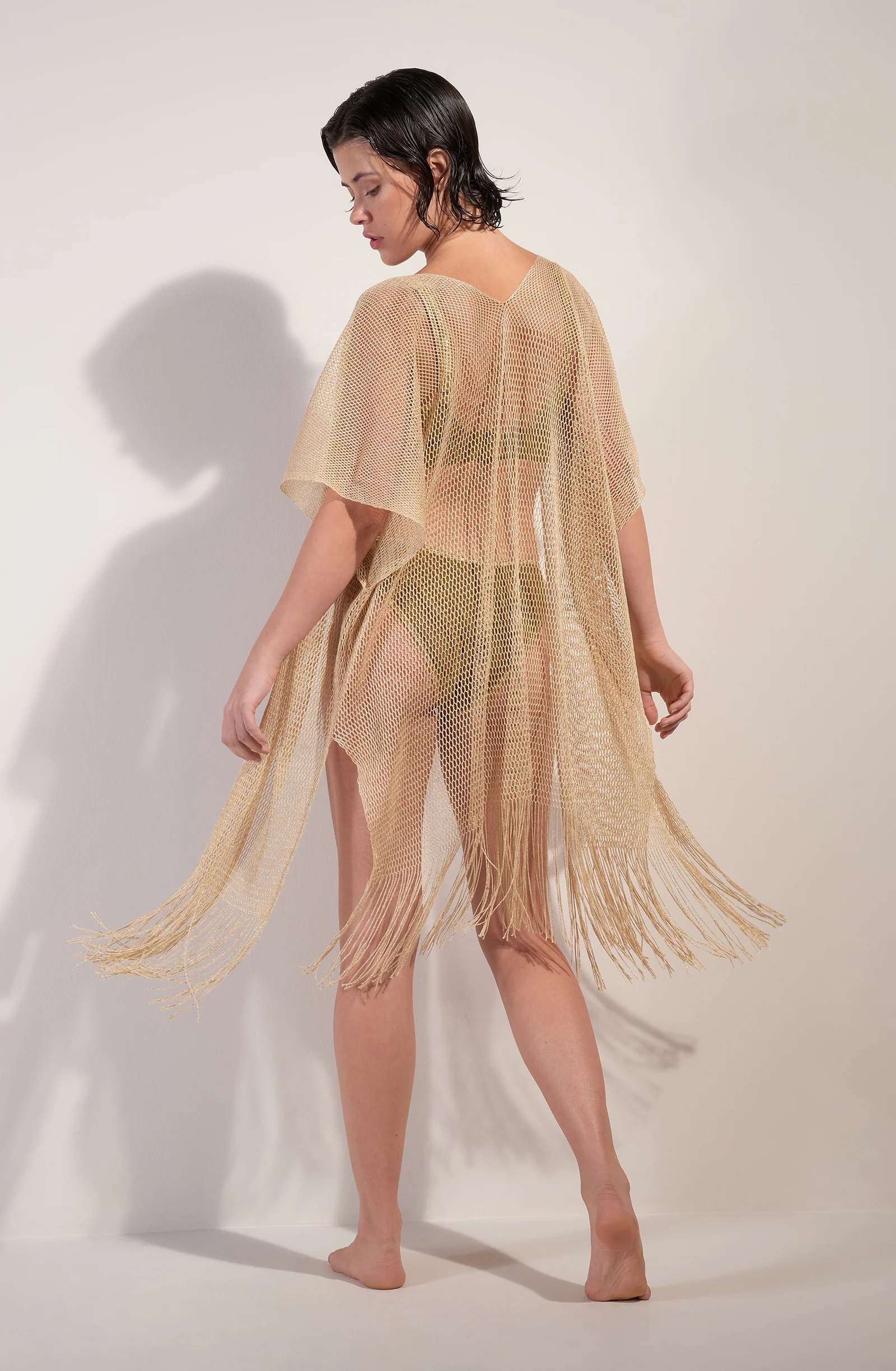 vita Veste kimono courte à franges jaune Doré