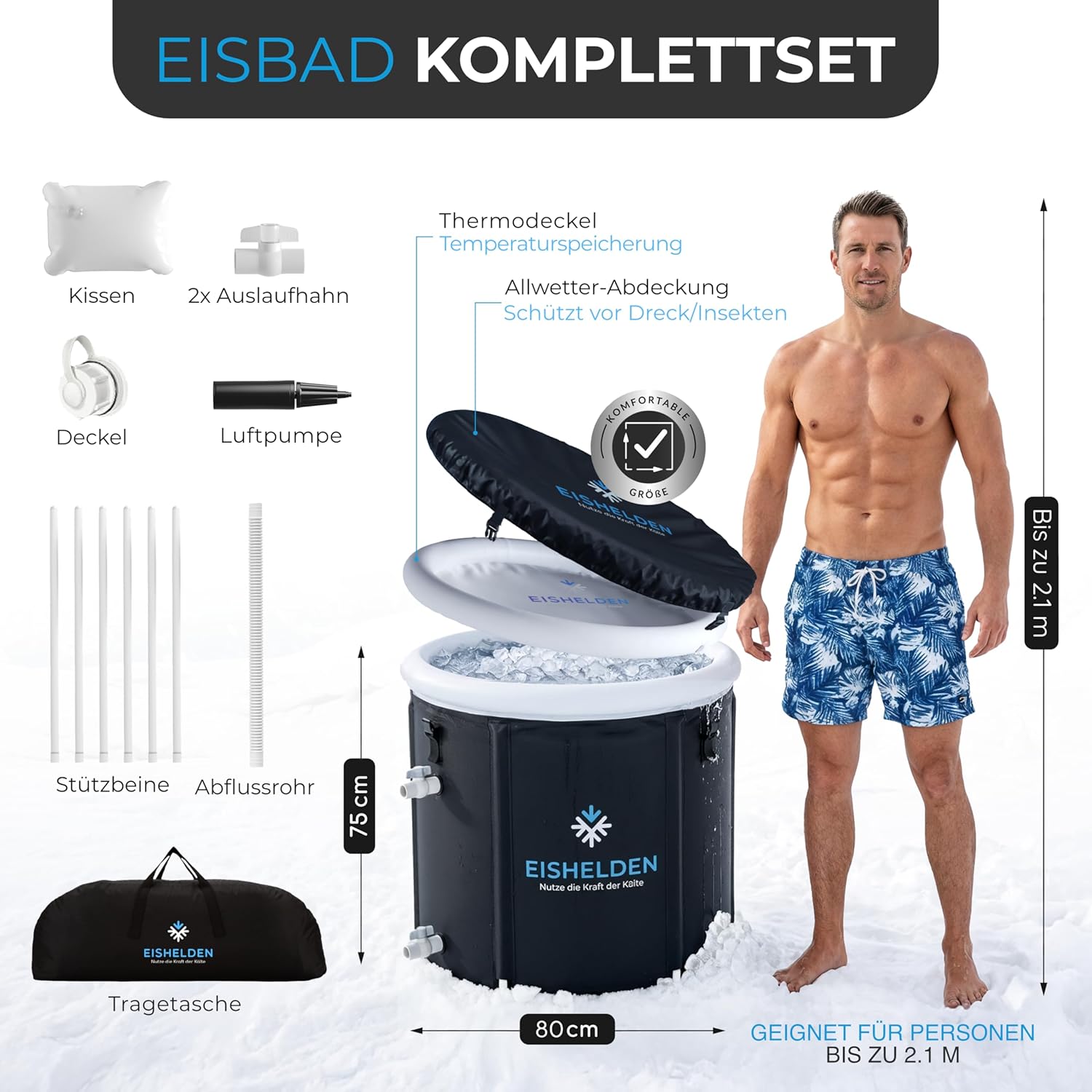 Premium Eisbad (80 cm Ø) XL Komplettset - Kryotherapie für Sportler & Anfänger, erleben Sie die regenerative Kälte zu Hause - Eistonne mit 5 dicken Isolierschichten