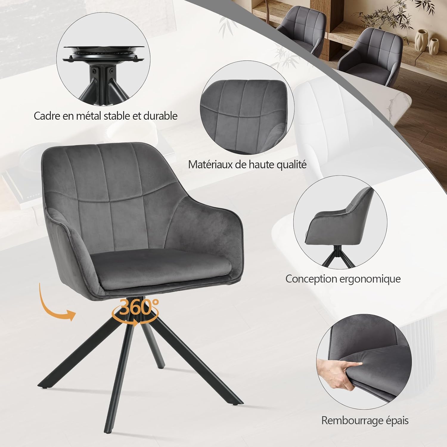 Esszimmerstühle drehbar 2er Set Grau Armlehnenstuhl Polsterstuhl drehstuhl Esszimmer drehstühle aus Samt Küchenstuhl mit Metallbeine für Wohnzimmer Esszimmer