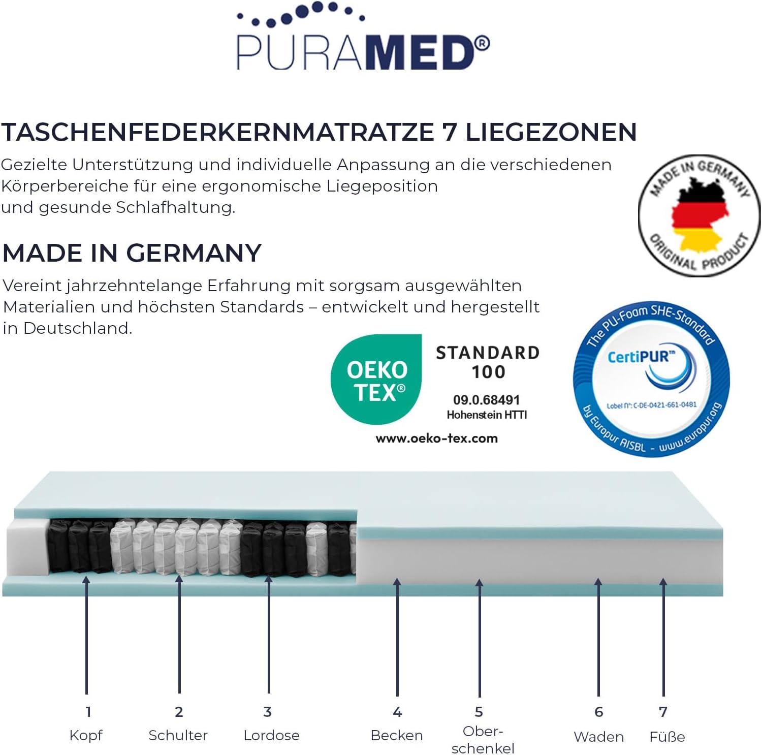 Taschenfederkernmatratze 100x200 cm | Härtegrad H2 | Höhe 20 cm | ergonomische 7-Zonen Matratze | waschbarer Mikrofaser-Bezug | Oeko-TEX® & CertiPUR Zertifiziert | produziert in Deutschland