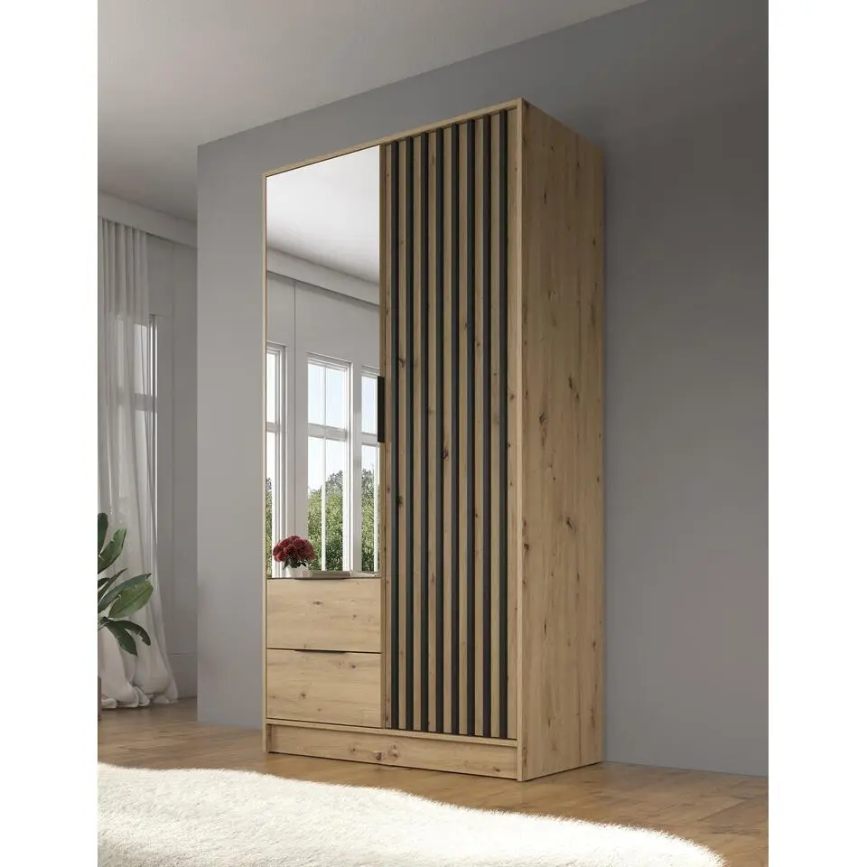 Meubella - Kledingkast Nairobi - Eiken - Zwart - 105 cm - Met spiegel