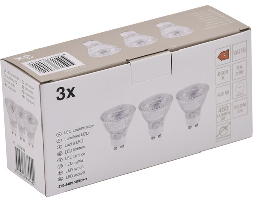 3x LED reflectorlamp PAR16 GU10/4,9W (64W) 450 lm 6500 K daglichtwit helder 3 stuks 36°