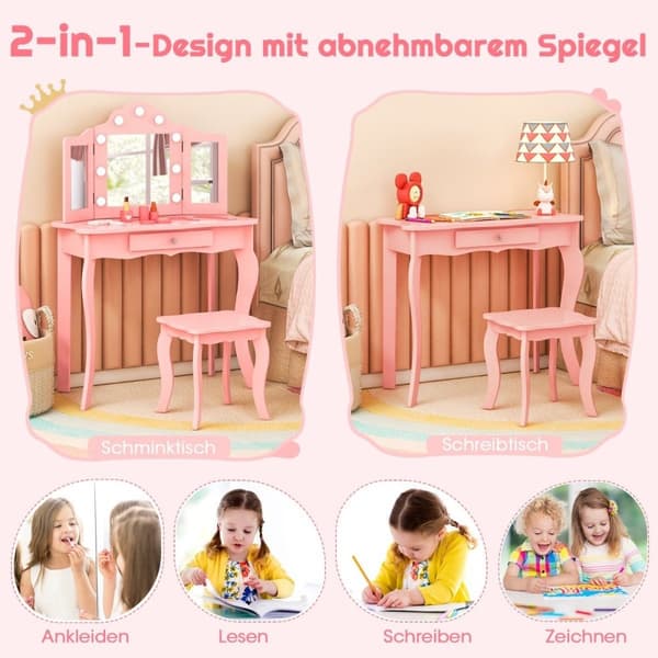 2 i 1 toalettbord for barn med LED-lys & sammenleggbart speil & skuffer Rosa