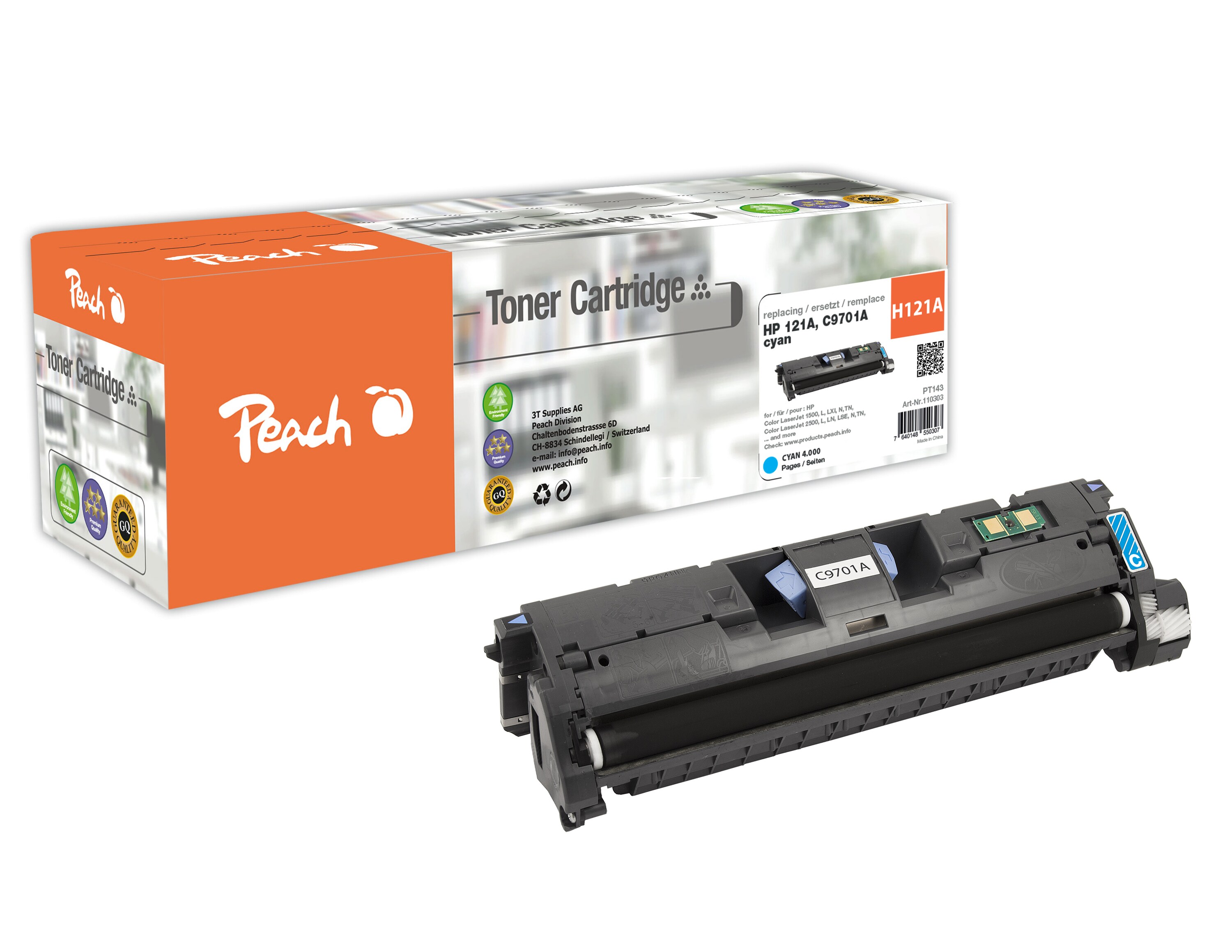 Peach HP 121 AC Toner cy ersetzt HP No. 121A C, C9701A für z.B. HP Color LaserJet 1500, HP Color LaserJet 1500 L, HP Color LaserJet 1500 LXI (wiederaufbereitet)