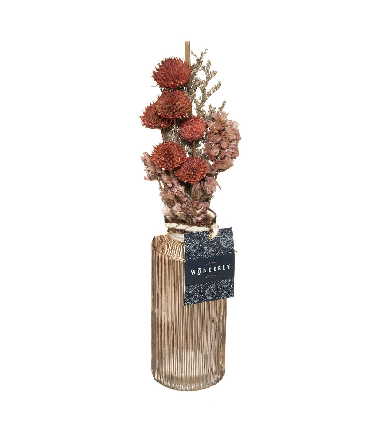 Composition de fleurs séchées vase en verre h 28 cm