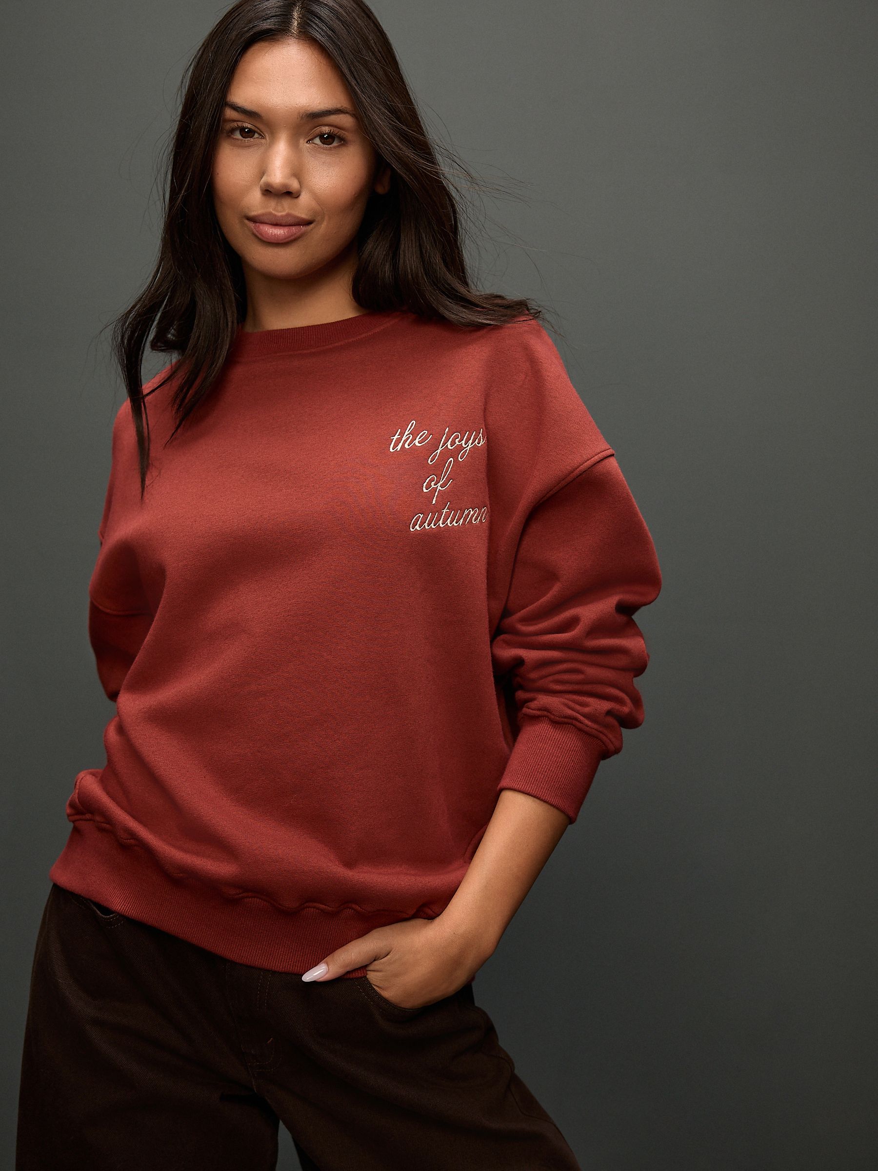 Bordeauxrood - Pumpkin Spice Graphic Embroidered Long Sleeve Sweatshirt