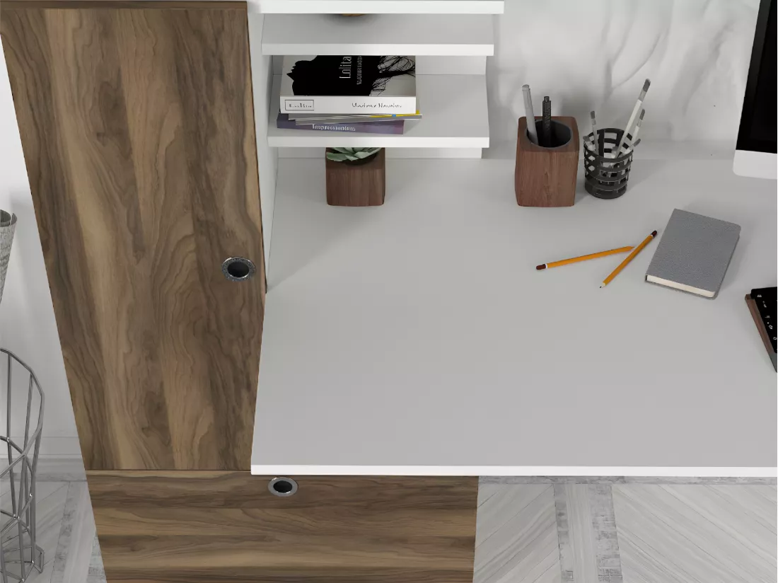Bureau avec armoire de rangements - Blanc et naturel - MIDIALI II