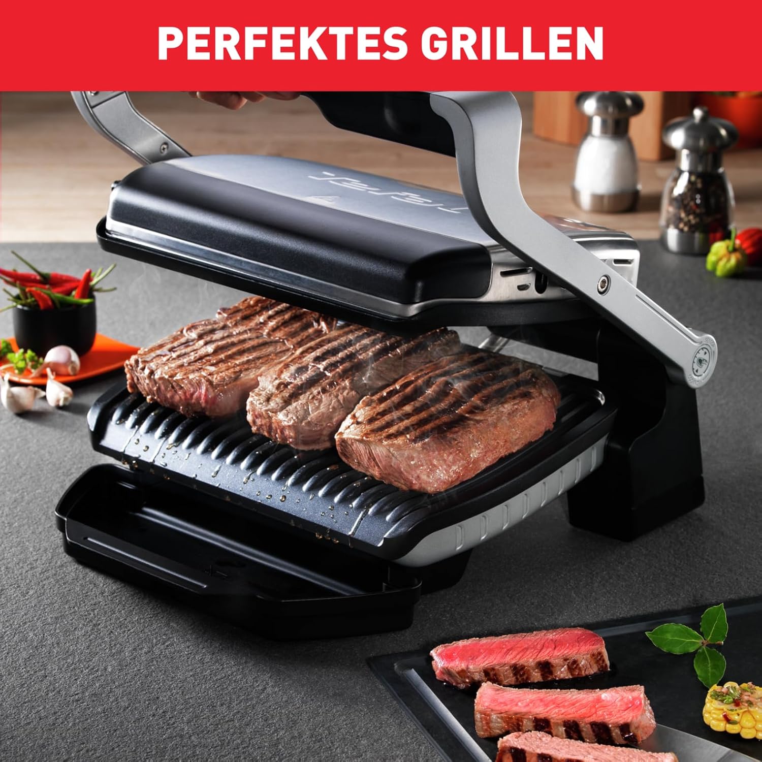 Tefal OptiGrill Kontaktgrill, 6 automatische Programme, Garstufenanzeige, passt Temperatur und Grillzyklus ans Grillgut an, antihaftbeschichtete abnehmbare Platten, Elektrogrill, Edelstahl, GC705D16