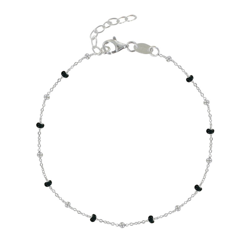 Bracelet Argent Perles Émaillées et Perles Argent - Noir