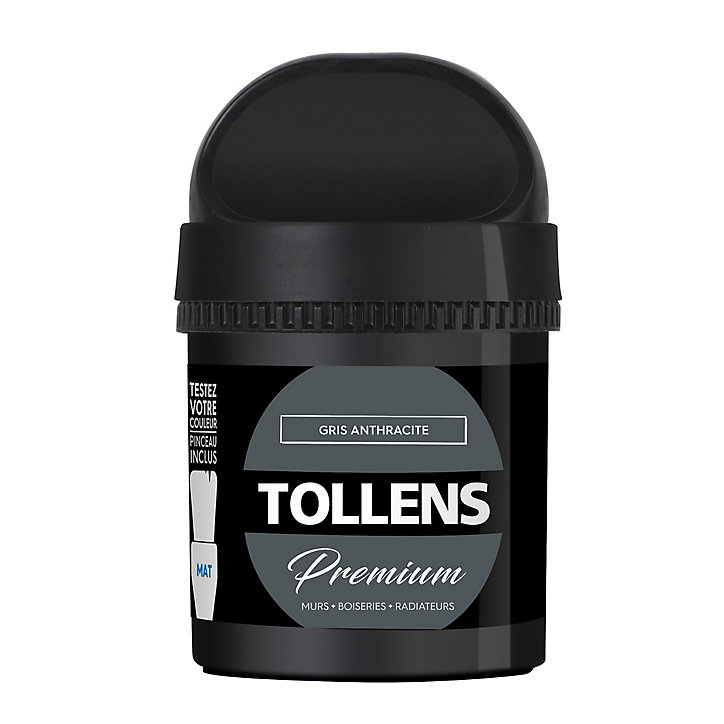 Testeur peinture Tollens premium murs, boiseries et radiateurs gris anthracite mat 50ml