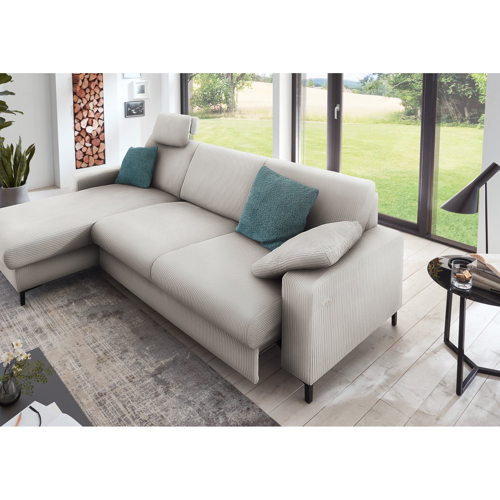 Ecksofa Hamburg, Feincord grau, motorische Relaxfunktion