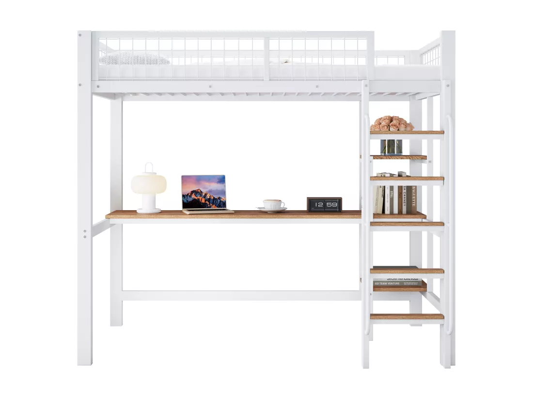 Lit mezzanine 90x200cm - avec table et étagère - avec échelle 5 marches - avec grille anti-chute - métal + MDF - blanc (sans matelas)