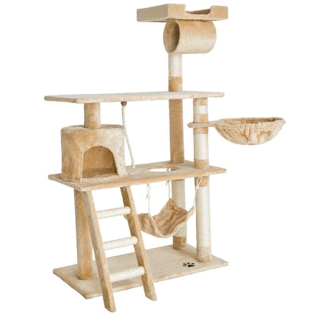 Arbre à chat griffoir grattoir niche jouet animaux peluché beige 141 cm