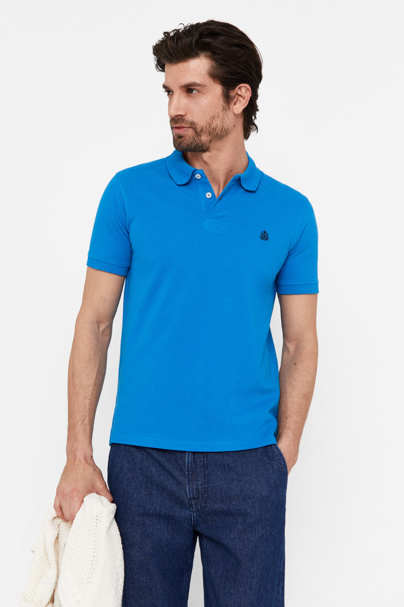 Camisa polo básica slim fit em piqué - Turquesa