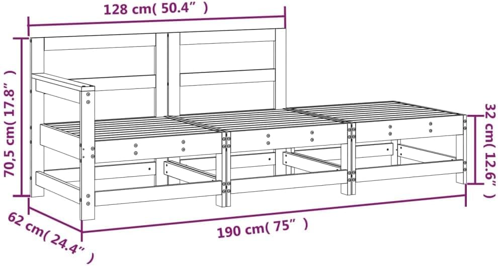3-Piece Garden Lounge Set Solid Pine Wood Outdoor Furniture for Patio, Balcony - Modular Design with Armrests, Rustic Look, Sturdy Frame Includes Corner Sofa, Center Sofa & Stool (110kg Capacity)