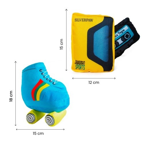 Kit Patasbox com 2 brinquedos retrô multicoloridos para cães.