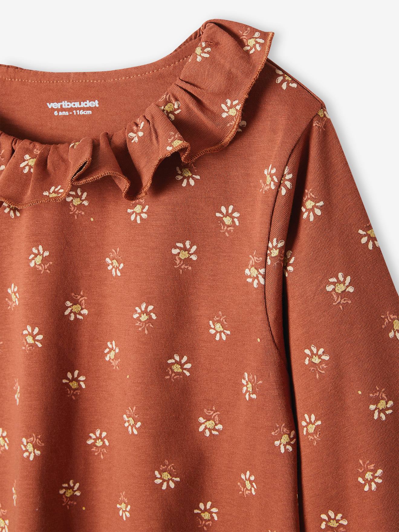 Blusa camiseta com estampa floral iridescente em marrom escuro, para meninas.