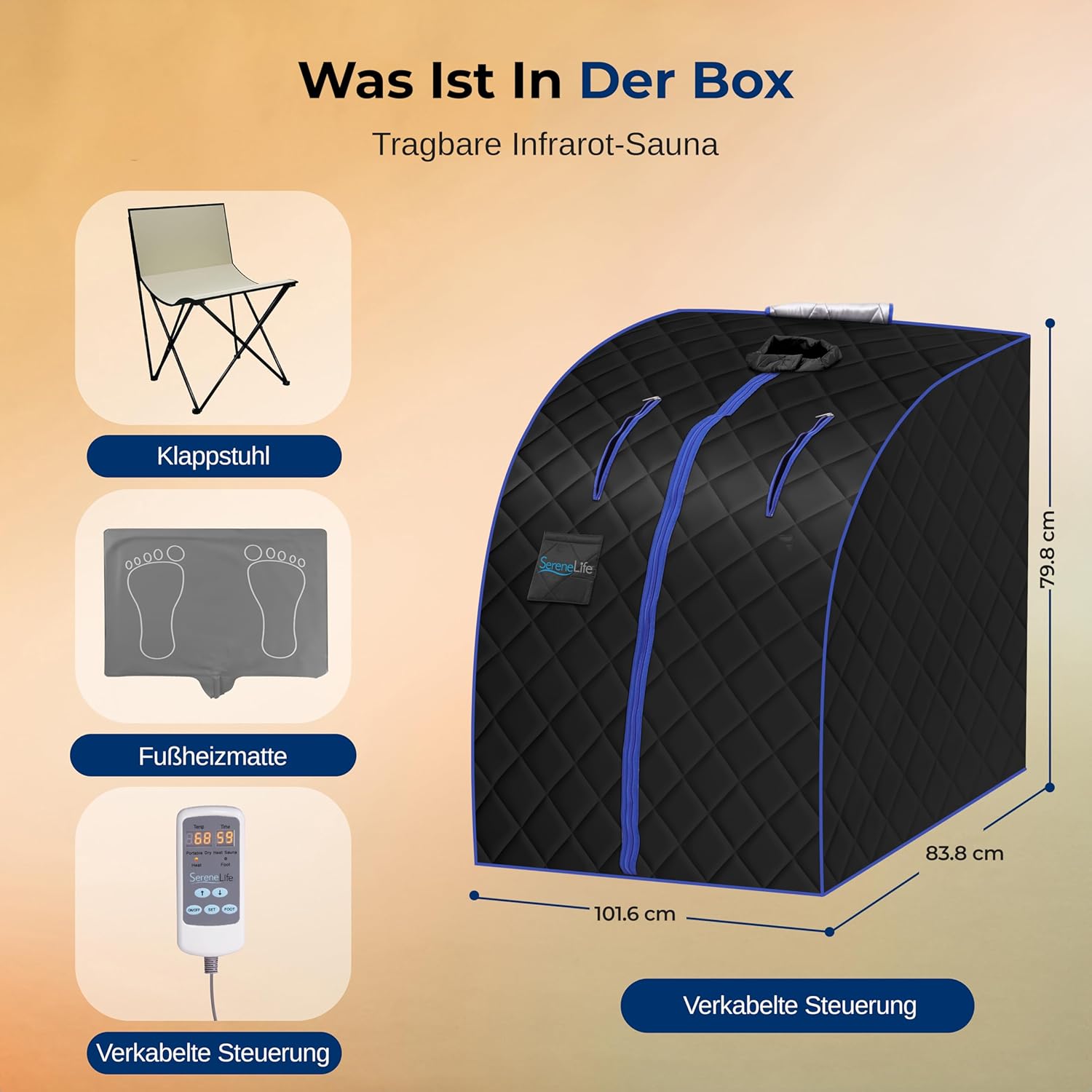 SereneLife Dampfsauna Zelt Schwarz 84×80×103 cm – Tragbare Heimsauna mit Stuhl und Heizmatte Faltbare Mini Sauna - Mobile Dampfbad Kabine bis 60°C, Carbon-Heizelement und Fernbedienung