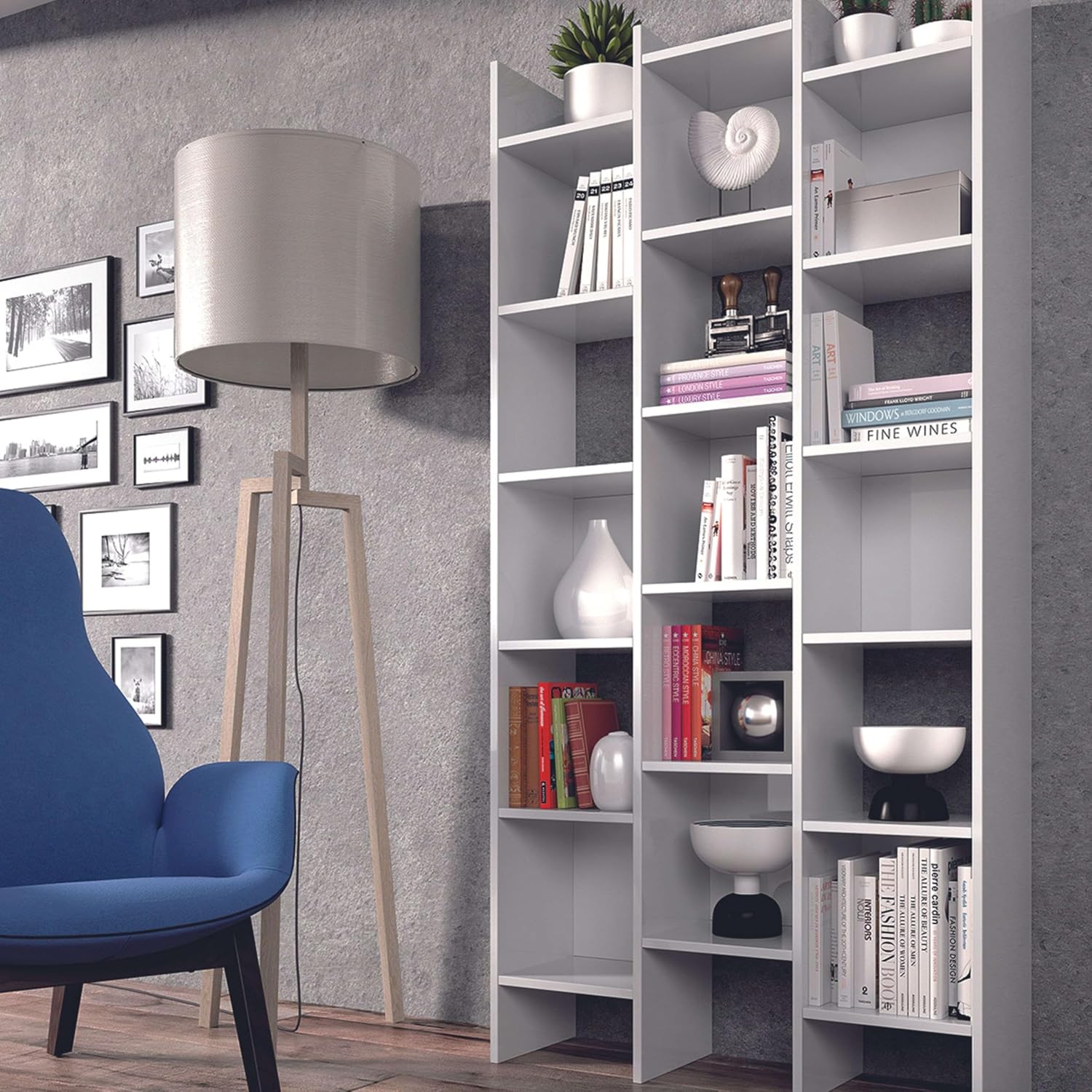 Habitdesign, Bücherregal – modernes Regal in Weiß Hochglanz, ideal als Büroregal, Esszimmerregal oder Wohnzimmerregal, mit 10 offenen Fächern, Maße: 96 x 192 x 25 cm (B x H x T), Modell Italian