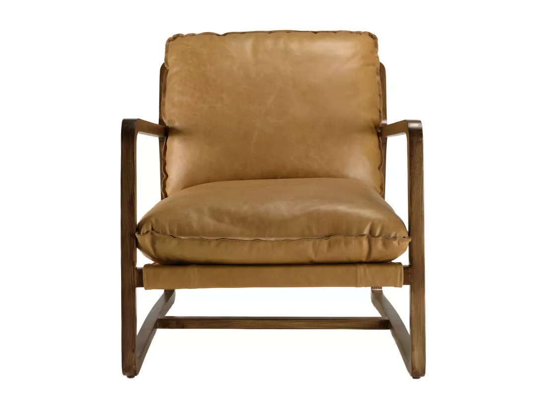 GASTON - Fauteuil incliné vintage cuir marron cognac, structure en bois