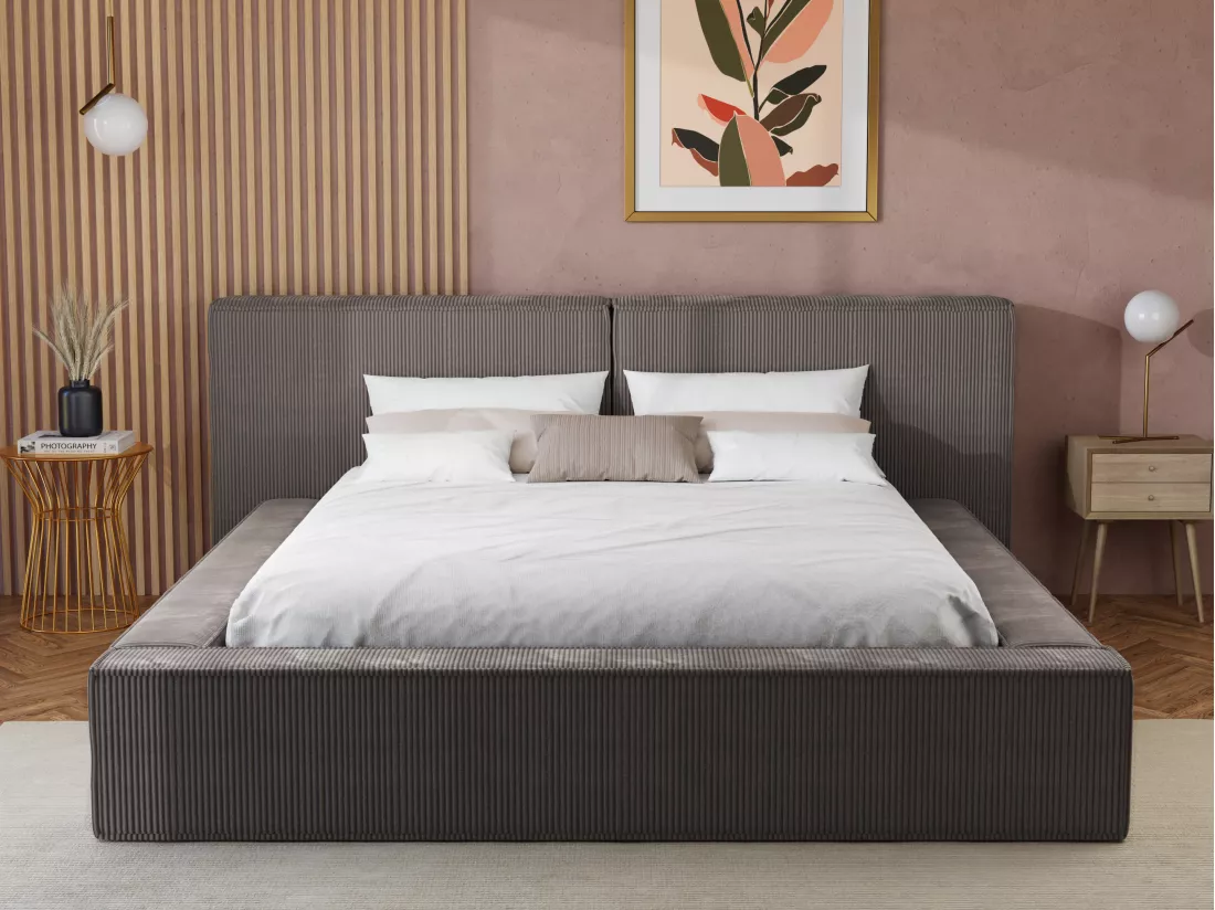 Lit coffre 160 x 200 cm - Velours côtelé - Taupe + Matelas - TIMANO de Pascal Morabito
