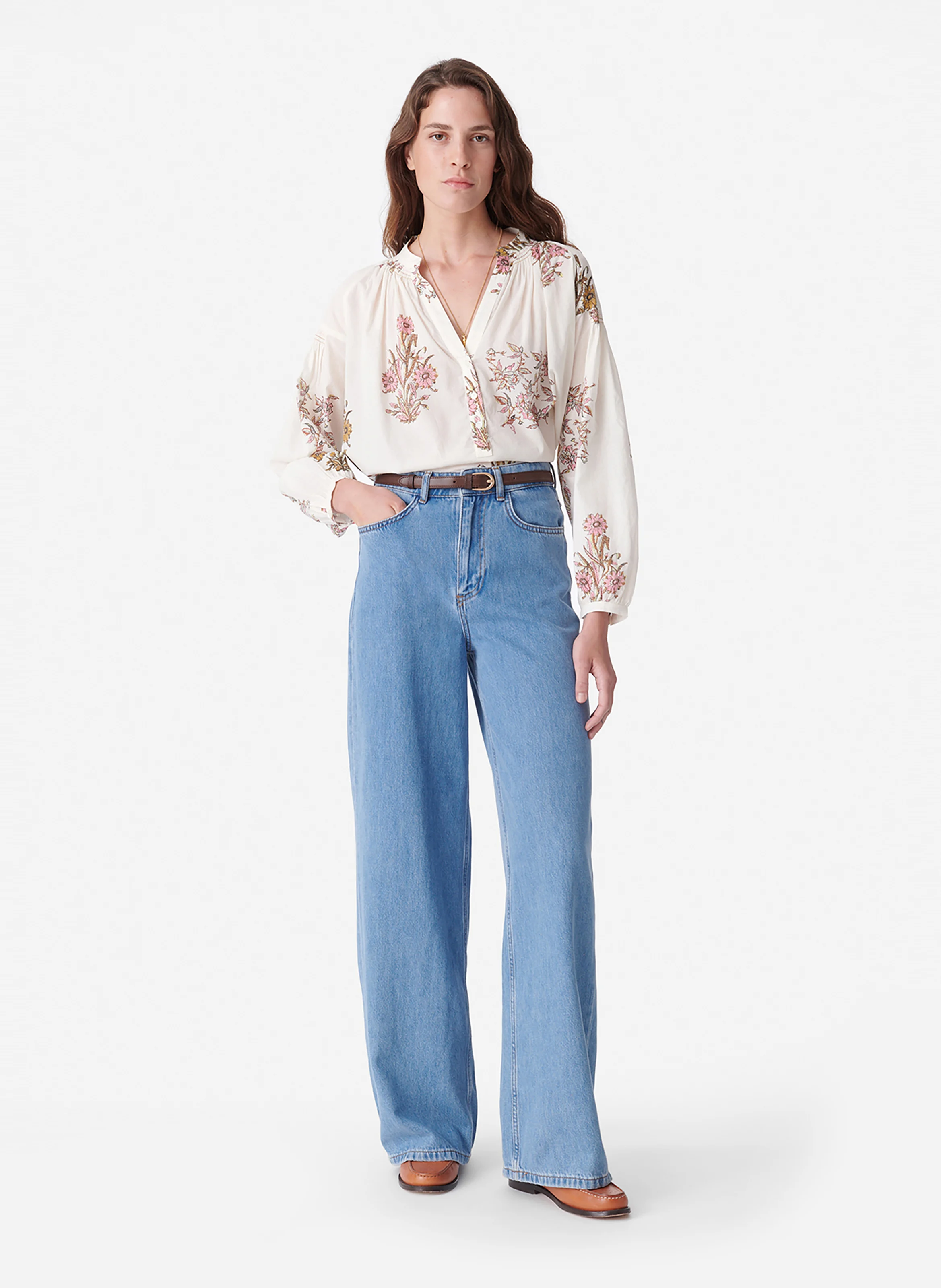 NIPOA - Blouse col V droite en coton imprimé | Blanc