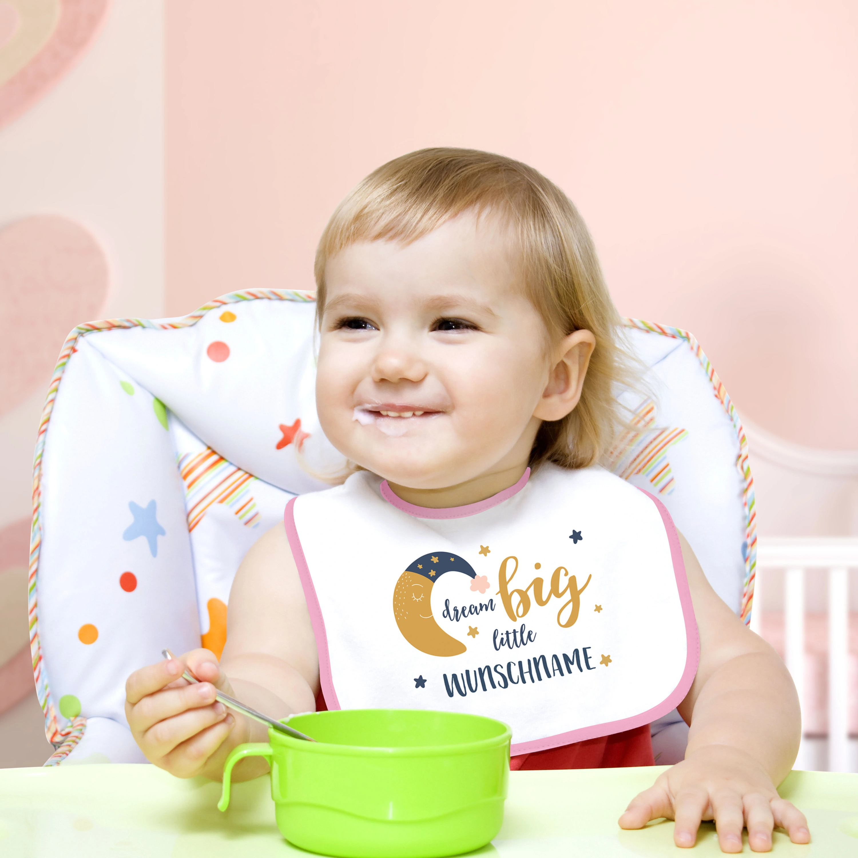 Baby-Lätzchen mit Namen, rosa (Motiv: Dream Big)