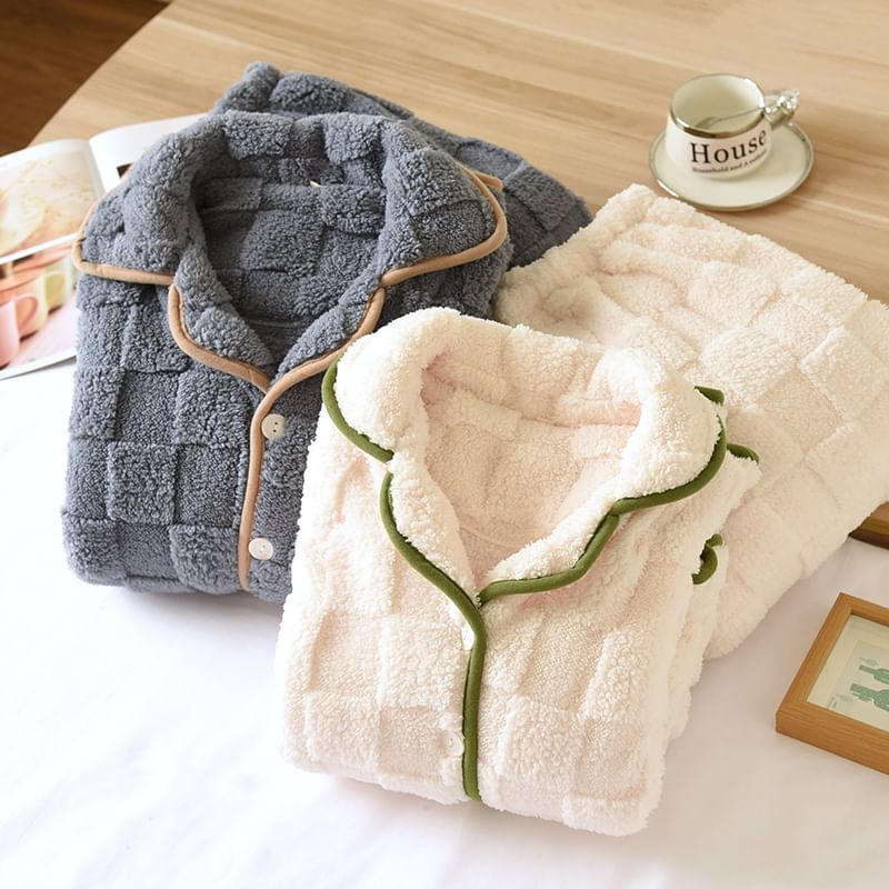 MelMount - Bijpassende pyjamaset voor koppels: kraag, contrasterende rand, koraalfleece-jasje met knopen + elastische tailleband, rechte broek (verschillende ontwerpen)