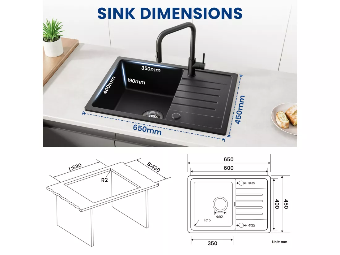Cecipa MAX Evier à Encastrer 1 Bac avec Egouttoir, Quartz et Résine, Noir 65x45cm Evier 1 Bac en Quartz Evier de Cuisine en Granit